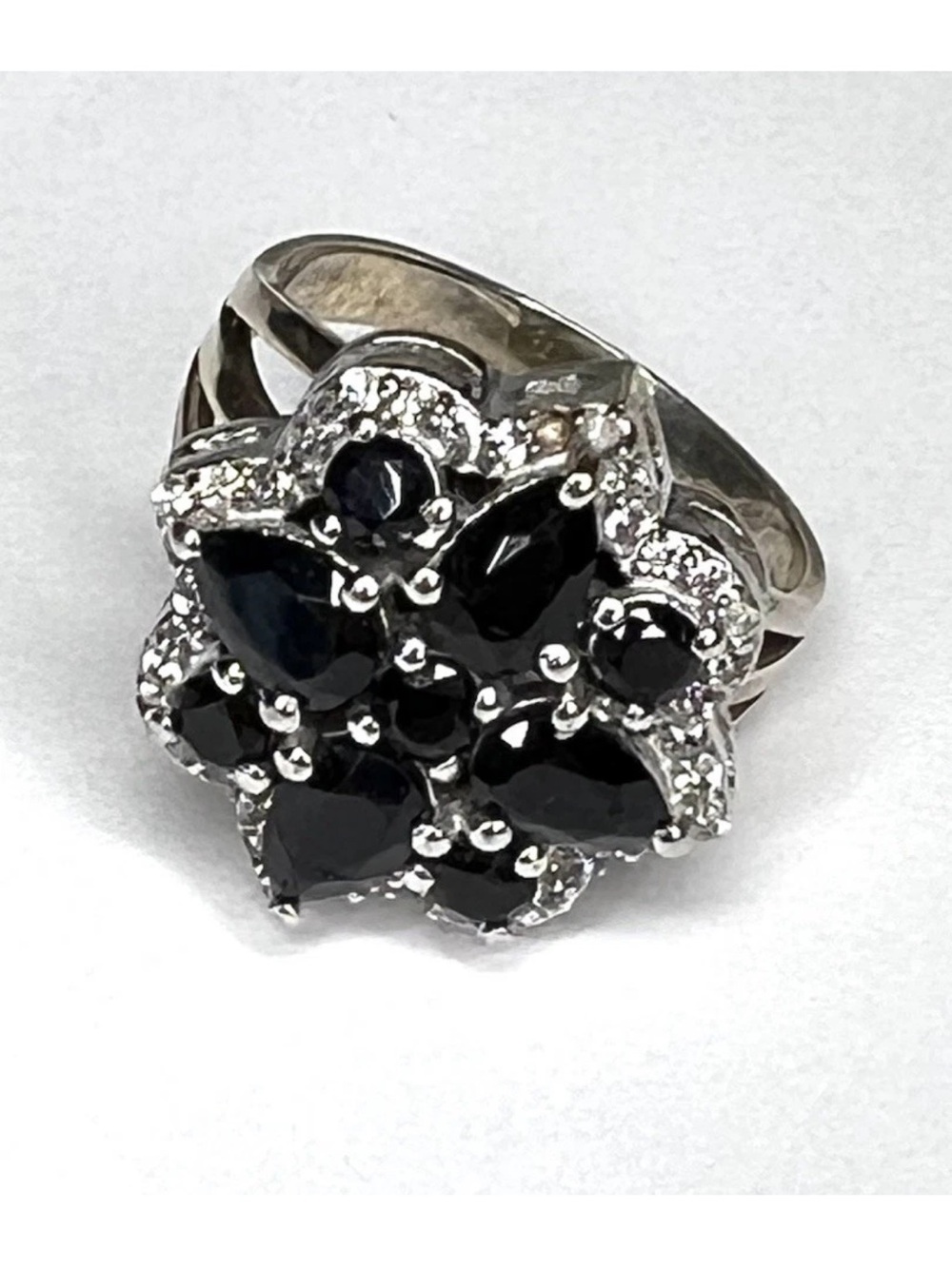 Silver Onyx Diamond Floral Cluster July Anniversary Ring Sz 8 Not Marked